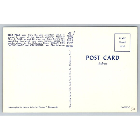 Postcard Arizona Ajo Diaz Peak Organ Pipe Cactus National Monument c1960s AZ VTG - Picture 2 of 2